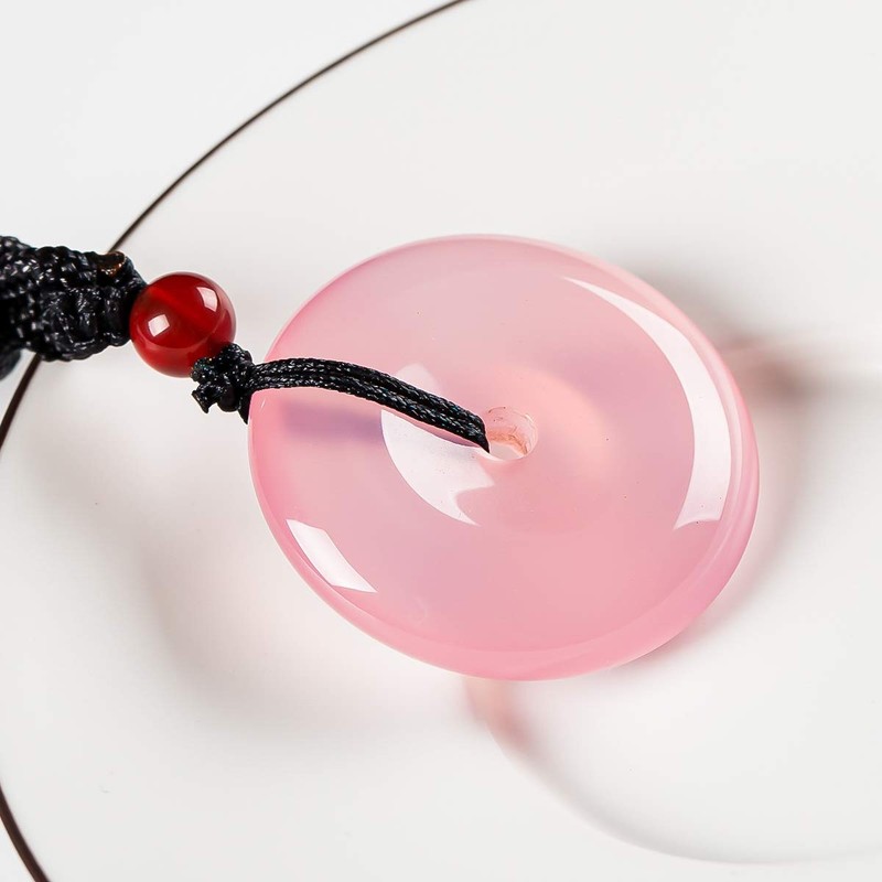 Women's Donut Necklace Pendant, Natural Pink Chalcedony Agate Lucky Stone