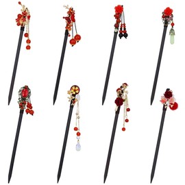 inSowni 8 Pieces Retro Asian Chinese Traditional Hanfu Flower Wooden Hair Sticks Pins with Bead Pendants Hair Chopsticks Forks Bun Updo Holders for Women Girls