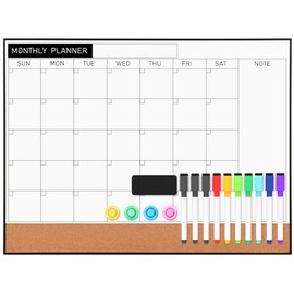 Lumspax Dry Erase Calendar with Cork, 24"x 18" Large Calendar Whiteboard for Wall, Black Narrow Frame Monthly Combination Board for School, Home, Office