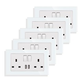JIMEIDA 5 Pack White Double Switched Socket 13 Amp Glass Panel with 2 USB Charging Ports Crystal Wall Outlet Electric Power Socket