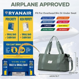 for Ryanair Airlines Underseat Cabin Bag 40X20X25 Weekend Overnight Carry on Holdall for Women Travel Duffel Sport Gym Tote Mum Hospital Bags with Wet Pocket,L6-Army Green