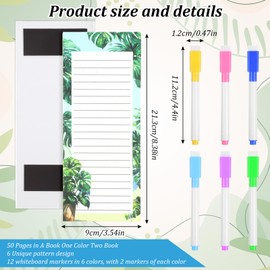 12 Pack Magnetic Note Pad for Fridge with 12 Marker Pens - 8.38" x 3.54" Magnetic List Pads for Refrigerator, 6 Pattern Styles & 50 Sheets Each, Ultimate Fridge Notepad with Magnet Set