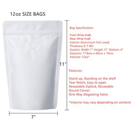 Pack of 50 White Kraft Paper Coffee Bags with Degassing Valve, Stand-up Coffee Pouches in Food Grade with Resealable Zipper Lock (12oz, 0.75lb, 50 Pieces)
