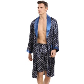 Haseil Men's Luxurious Kimono Robe with Shorts Silk Satin Bathrobes Lightweight Long Sleeve Sleepwear Set, Blue, Tagsize M=Ussize M