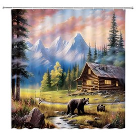 FILMILIL Rustic Cabin Bear Shower Curtain Farmhouse Wild Animal Country Forest Mountain Autumn Pine Tree Lodge Fall Hunting Polyester Bathroom Curtain Sets Fabric Hooks 70 x 70 Inch
