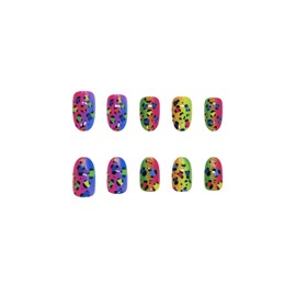 SINHOT Almond Press on Nails Medium - Leopard Print Fake Nails Glossy Glue on Nails Colorful Ombre Nails Rainbow Color Gradient Stiletto Artificial Nails Stick on False Nails with Design DIY 24 pcs