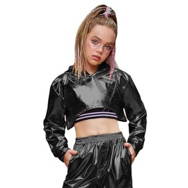 Perfashion crop tops for girls metallic long sleeve hip hop dance outfits kids 80s neon black size 8 10