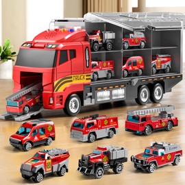 NIPLOOOW Toddler Boys Toys for 3-5 Years Old, Fire Truck Vehicle Toy Set with Play Mat, Die-Cast Toy Car Carrier Truck for Boys Kids, Birthday Gifts Toys for 3-8+ Year Old Boys