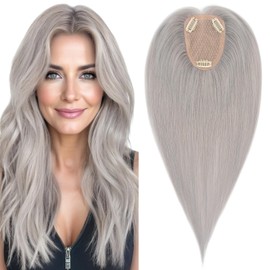 Elailite Human Hair Toppers for Women Real Human Hair Thinning Thin 9 * 12CM Silk Base Clip in Remy Hairpieces Hand-Tied 12 Inch Silver Grey