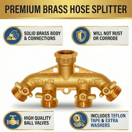 Morvat Brass 4-Way Splitter LEAD-FREE, Heavy-Duty Garden Hose Manifold Connector with Improved Comfort Grip ON/OFF Valves, Adapter for Water Faucet & Spigot, Includes 8 Washers, Teflon Tape (1-Pack)
