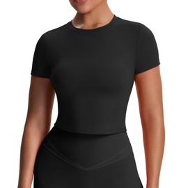 Aoxjox Women's Workout Short Sleeve T-Shirts Crew Neck Baby Tee Without Padded Athletic Gym Yoga Crop Tops (Black, Medium)