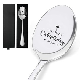 GLOBLELAND 7.6 Inch Stainless Steel Spoon with Engraving "A Very Merry Unbirthday To You" and Gift Box Funny Table Spoon Soup Spoon Coffee Spoon for Families Festivals Weddings Anniversaries
