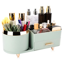 Beborxue 360° Rotating Makeup Organizer for Vanity with Drawers, Large Capacity Cosmetic Display Case, skincare organizer, Cosmetic Organizer for Lipstick, Skincare, Brushes, Eyeshadow, (Green)