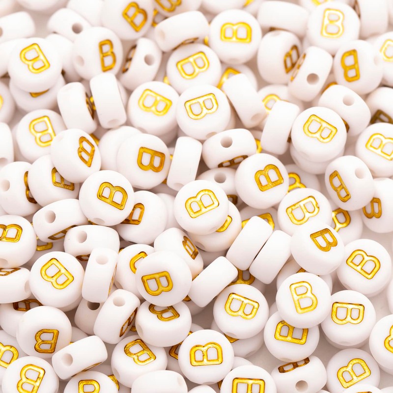 200Pcs Acrylic Letter Beads Alphabet Gold Letter B White Beads