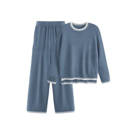 PRETTYGARDEN Women's 2 Piece Knit Sweater Outfit Casual Long Sleeve Pullover Wide Leg Pants Tracksuit Loungewear Set (Haze Blue,Large)