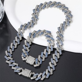 Blue Chain Collar For Dogs, Bling Diamond Cuban Link Dog Collars Glitter Rhinestone Puppy Necklace For For Small Medium Large Pet Dogs, 14-Inch