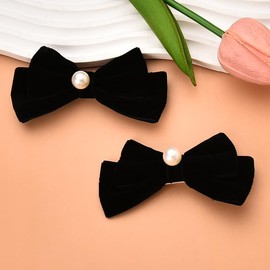 Black Velvet Hair Bow Clips Small Pearl Bow-Knot Hair Clips for Girls Women Velvet Bows for Hair Pins Hairpins Barrettes Pearl Hair Ribbon Bows 2 PCS