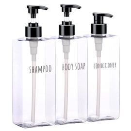 Segbeauty Clear Square Shampoo Bottles, 3pcs 16.9oz Refillable Plastic Lotion Dispenser with Pump, 500ml Empty Reusable Bathroom Shower Bottle Dispense Shampoo Conditioner Body Soap Liquid Gel