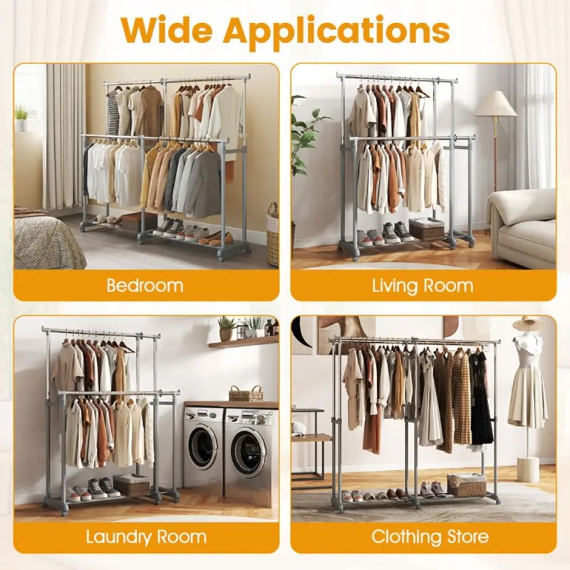 Heavy Duty Metal Double Rod Clothes Rack Garment Rack High