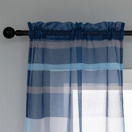 1 Pair Semi-Transparent Voile Stripe Curtains for Living Room, Bedroom, Kitchen and Indoor Use, 2 Panels with Pocket (70 x 235 cm, Blue + Grey)