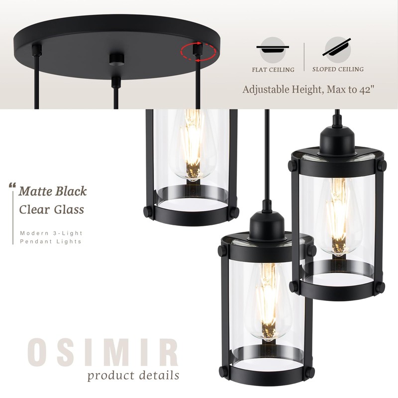 Osimir 3-Light Pendant Lighting, Black Dining Room Chandelier Light Fixture