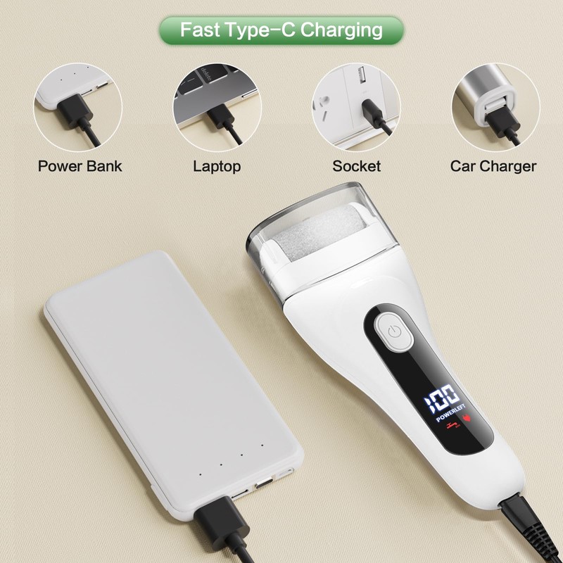 Electric Foot File Callus Remover, Rechargeable, 3 Replacement Rollers