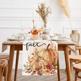 Cloudfomila Fall Pumpkin Floral Table Runner Maple Leaves Burlap Table Runners, Autumn Harvest Thanksgiving Seasonal Coffee Table Center Decor for Home Kitchen Dining Party Indoor Outdoor 13x72 Inch