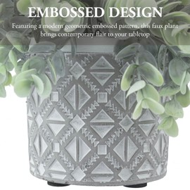 MyGift Artificial Potted Eucalyptus Boxwood Plant Faux Greenery in Modern Geometric Embossed Pattern Concrete Planter Pot
