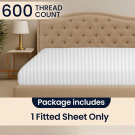 SGI Bedding 80"x120" 1 Pc Family King size Fitted Sheet Only 100% Egyptian Cotton - 600 Thread Count, Fits 15" Deep Pocket - Soft Breathable Luxury Oversized Sheets For Extra Large Beds - White Stripe