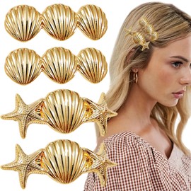 KuuGuu 4 PCS Gold Starfish Hair Clips Metal Seashell Hair Clip Summer Holiday Small Spring Barrettes Fashion Non Slip Side Hairpins Cute Shell Headdress Grace Beach Hair Accessories for Women Girls