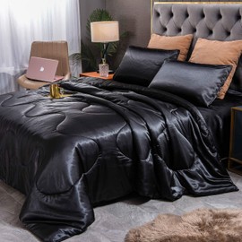 Sisher 5Pcs Bedding Sets, Silk Stain Bed in A Bag Sheets Sets Queen Size Comforter and Sheet Set (1 Black Comforter, 2 Black Pillow Shams, 1 Black Flat Sheet, 1 Black Fitted Sheet)