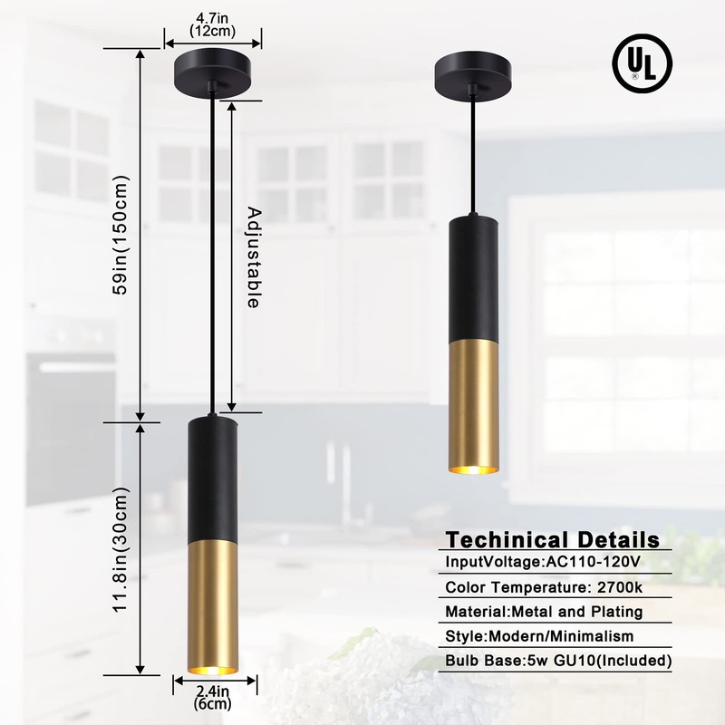 Omgomne Modern Pendant Light Fixture Kitchen Island,1-Light Black Gold GU10