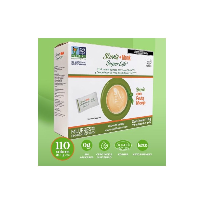 Super Life Stevia con Fruta del Monje Endulzante 110 Sobres