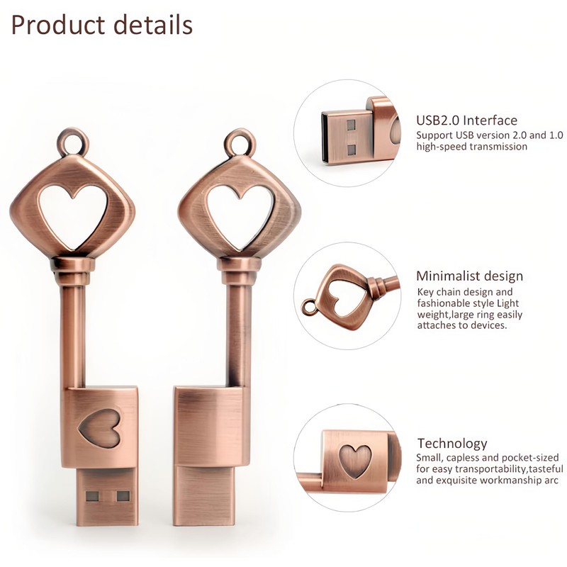 WooTeck 128GB HeartKey USB Flash Drive Metal Key Heart Data
