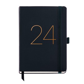 Miquelrius - 2024 Year Diary Day to View Plus Size 155 x 213 mm (similar to A5) Hard Cover Faux Leather Stitched Elastic Band Catalan, English and Portuguese Black