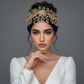 FUILUA Bridal Headband,Rhinestone Crystal Floral Wedding Headpiece Flower Leaf Hair Accessories for Bride Wedding (Champagne)