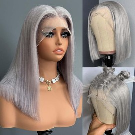 Grey Bob Wigs 13x4 Lace Frontal 180% Density Brazilian Virgin Hair Pre Plucked with Baby Hair for Women Glueless HD Transparent Blunt Cut Silky Straight Bleached Knots Dark Gray Bob Wig 12Inch