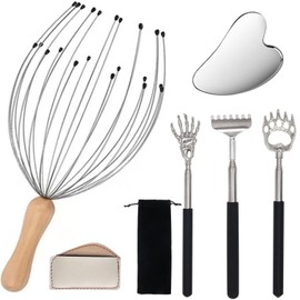 5-Pack Telescoping Back Scratchers (Fixed Heads) with Scalp Massager & Facial Gua Sha | Adjustable Length Itch Relief Tool | Gifts for Men, Women, Dad, Father’s Day | Portable & Easy Storage