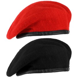 Boina de Lana Ajustable de Estilo Militar Color Sólido Sombrero de Hombre Mujer con Ribete de Piel Sintética (Rojo, Negro, 2)