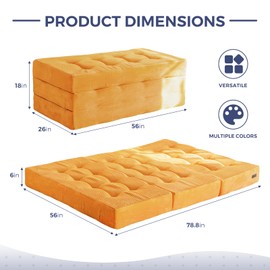 MAXYOYO Tri-Fold Mattress, 6 Inch Tufted Folding Futon Foam Bed, Foldable Floor Mattress Guest Bed Futon Topper Portable Camping Sleeping with Corded Fabric, Orange, 59"x79"