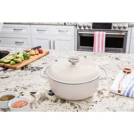 Lodge 7.5 Quart Enameled Cast Iron Dutch Oven with Lid – Dual Handles – Oven Safe up to 500° F or on Stovetop - Use to Marinate, Cook, Bake, Refrigerate and Serve – Oyster White