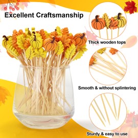 120 Fall Cocktail Picks - Pumpkins Oak Maple Leaves, Autumn Decorative Toothpicks for Appetizers Charcuterie Accessories, 4.7 IN Bamboo Skewers Sticks for Thanksgiving Decorations Fall Party Supplies