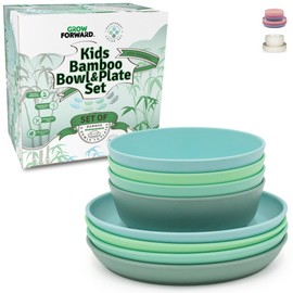Grow Forward Bamboo Kids Plates and Bowls Sets - 8-Piece Dishwasher Safe Non Toxic Plates for Kids - Reusable Eco Friendly BPA Free Dishes Dinnerware Sets for Children - Rainforest