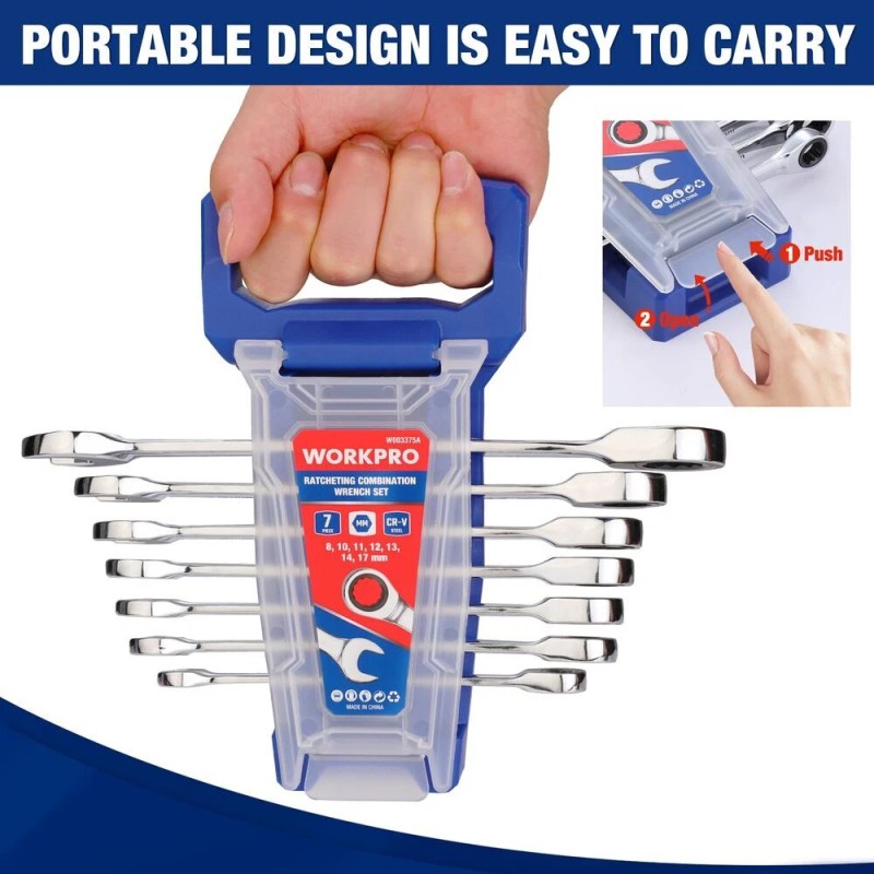 WORKPRO Ratcheting Combination Wrench Sets 7PCS Metric 8mm-17mm w/Organizer Rack