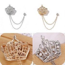 QPHYFXF Gifts for Husband: Retro Crown Lapel Pin with Long Chain, Silver Crystal and Tassel Brooch for Formal Suits, Coats, and Dress Shirts