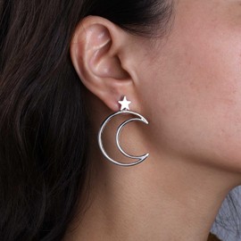 Cimenexe Bohemian Star Moon Jacket Earrings Silver Crescent Moon Earrings Large Hollow Moon Stars Stud Earrings Minimalist Star Crescent Earrings Jewelry for Women