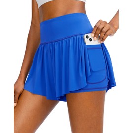 Pantalones cortos de correr para mujer con 4 bolsillos 2 en 1 de cintura alta para mujer, con mariposa, para entrenamiento, atletismo, falda de tenis, Azul, XXL