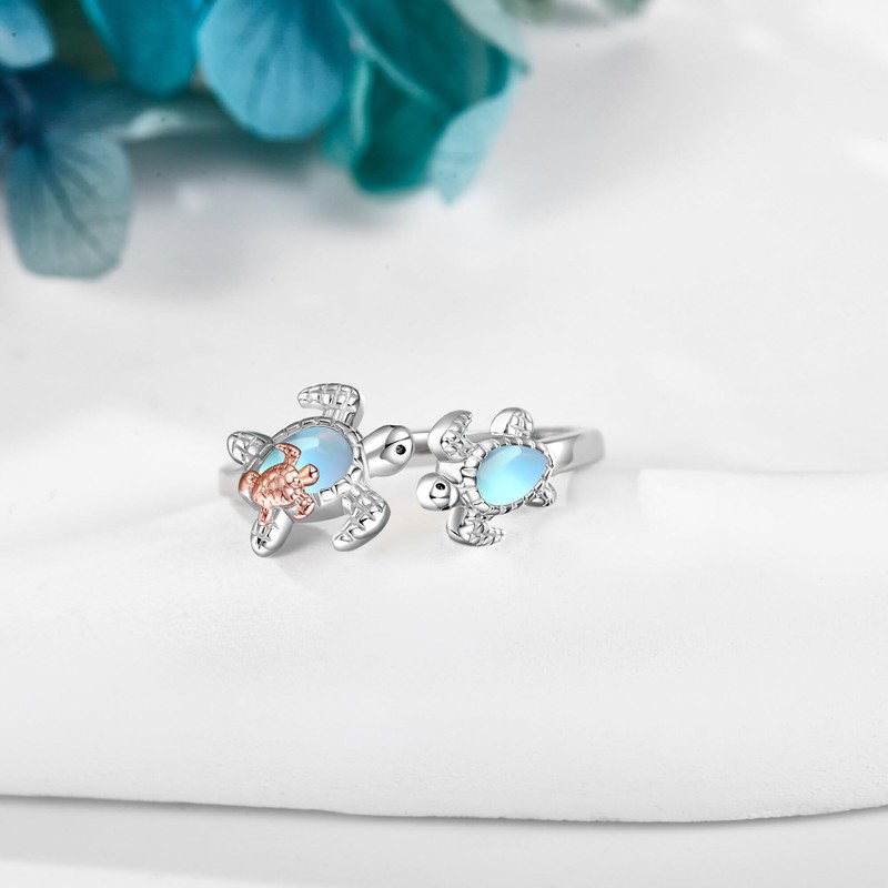 Turtle Rings Sterling Silver Moonstone Adjustable Rings Sea Turtle Jewellery