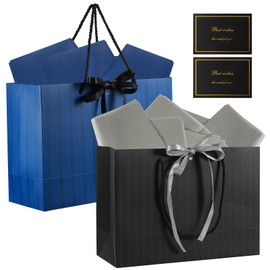 2Pcs Medium Gift Bags for Present,Birthday Gift Bag with Wrappers and Foil Stamped Cards,Bow Gift Bags with Handles Portable Party Bags for Wedding Party Christmas Valentines (Black, Blue)