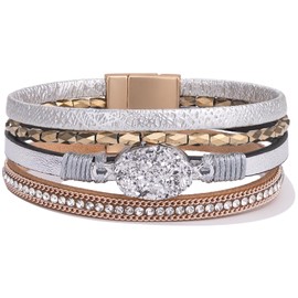 FANCY SHINY Leather Wrap Bracelet Boho Cuff Bracelets Crystal Bead Bracelet with Magnetic Clasp Jewelry Gifts for Women(7.7", Mix Color)